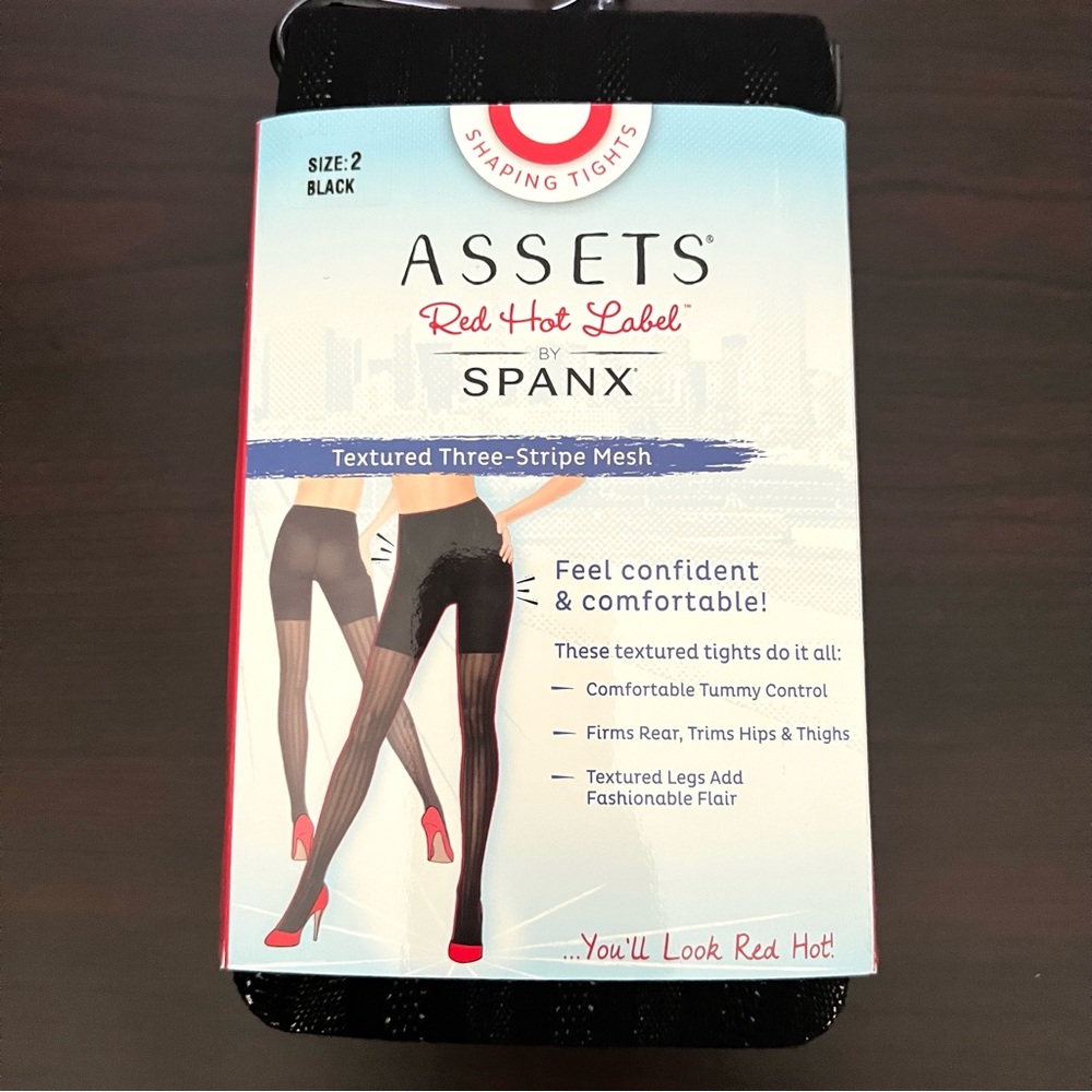 Spanx Assets Red Hot Label Black Textured Three Strip Mesh Shaping Tights Size 2
